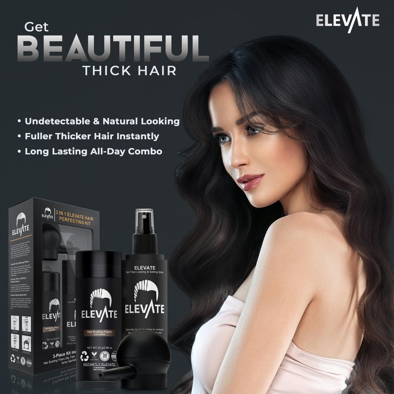 ELEVATE Hair Perfecting 3-in-1 Kit Set Includes Natural Thickening Fibers, Applicator Pump Nozzle & Locking Hold Spray | Instantly Conceal Balding Areas (Dark Brown) - Image 4